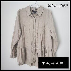 New TAHARI 100% Linen Blouse Women's Plus Size 1X Ruffle Neutral Flowy Loose Fit